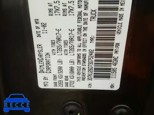 2003 DODGE RAM 2500 S 3D7KU26D73G752402 image 9