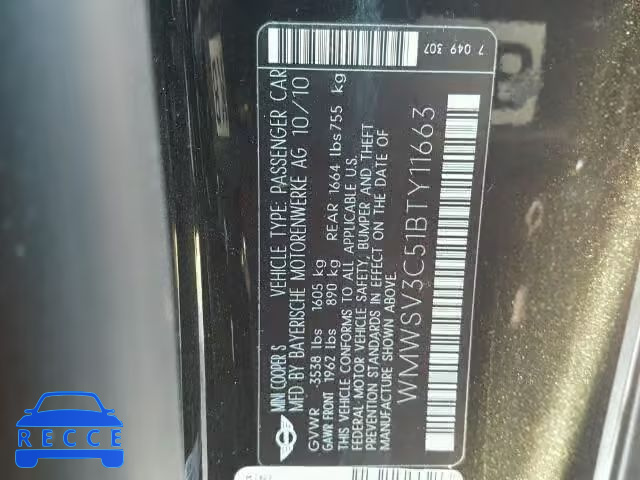 2011 MINI COOPER S WMWSV3C51BTY11663 image 9