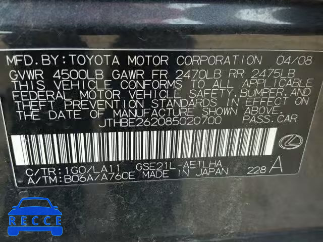 2008 LEXUS IS350 JTHBE262085020700 Bild 9