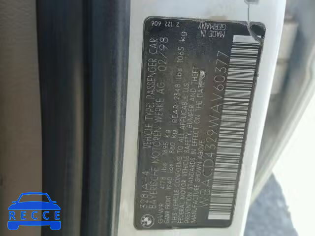 1998 BMW 328I AUTOMATIC WBACD4329WAV60377 image 9