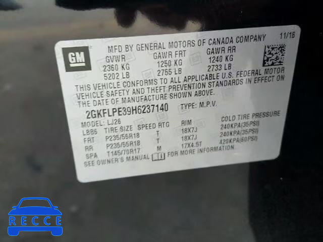 2017 GMC TERRAIN SL 2GKFLPE39H6237140 зображення 9