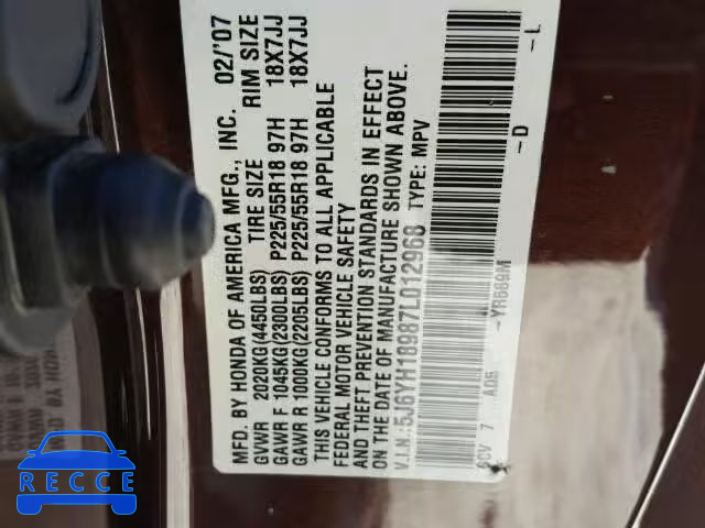 2007 HONDA ELEMENT SC 5J6YH18987L012968 зображення 9