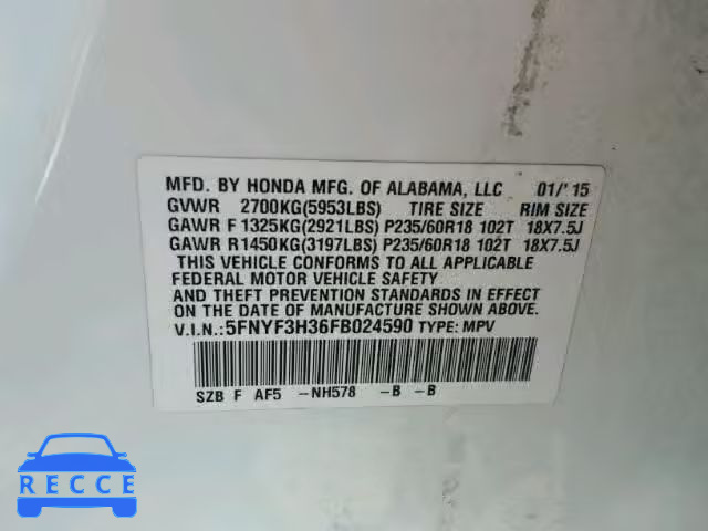 2015 HONDA PILOT SE 5FNYF3H36FB024590 image 9