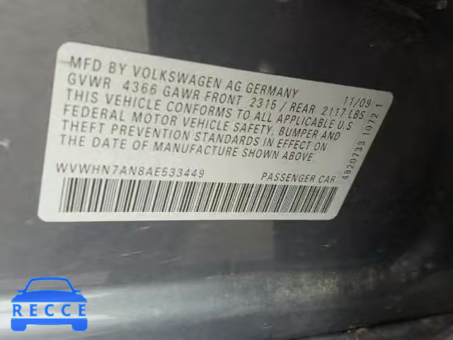 2010 VOLKSWAGEN CC LUXURY WVWHN7AN8AE533449 image 9