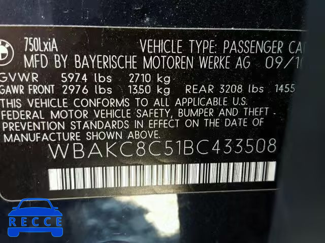 2011 BMW 750IL WBAKC8C51BC433508 зображення 9