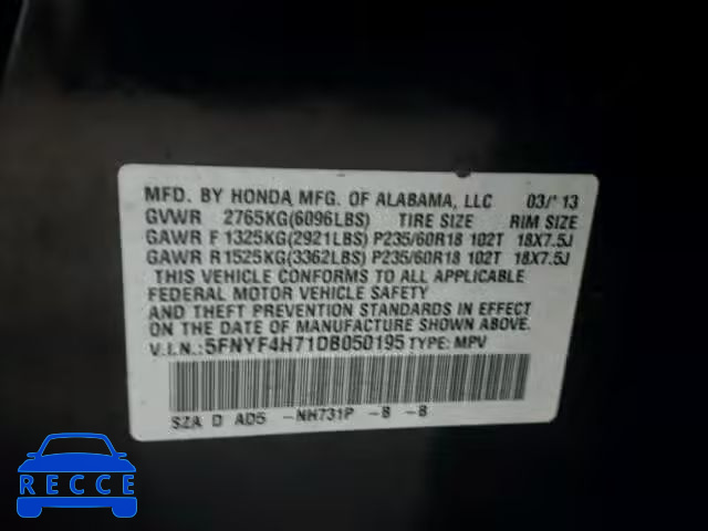 2013 HONDA PILOT EXLN 5FNYF4H71DB050195 image 9