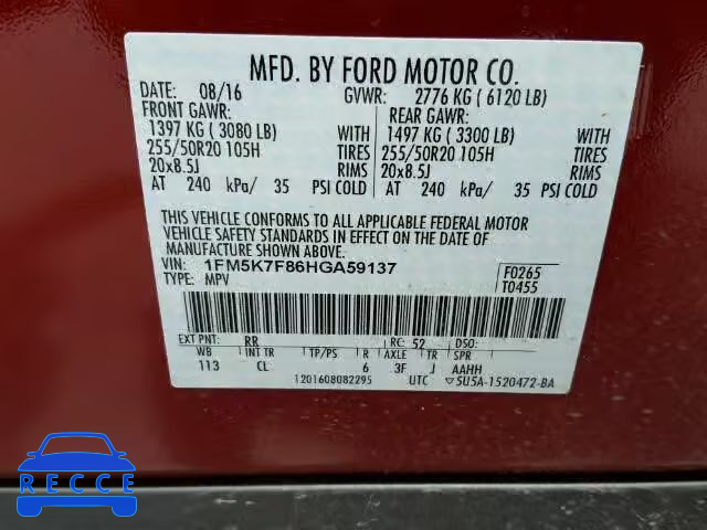 2017 FORD EXPLORER L 1FM5K7F86HGA59137 Bild 9