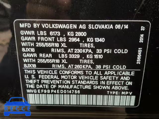 2014 VOLKSWAGEN TOUAREG V6 WVGEF9BP4ED014756 image 9