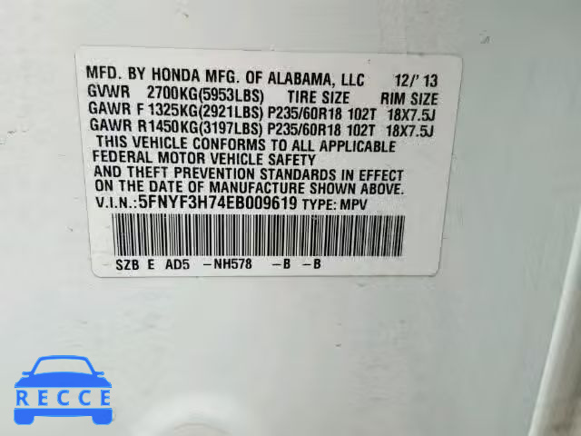 2014 HONDA PILOT EXLN 5FNYF3H74EB009619 image 9