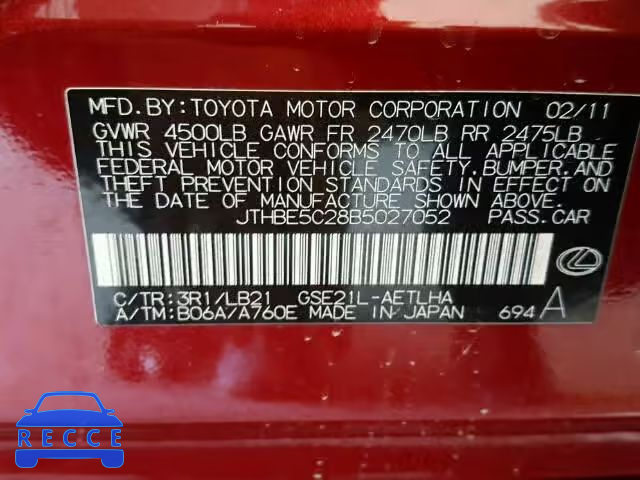 2011 LEXUS IS350 JTHBE5C28B5027052 image 9