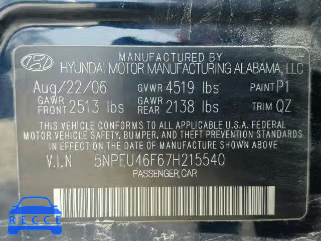 2007 HYUNDAI SONATA 5NPEU46F67H215540 image 9