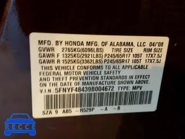 2009 HONDA PILOT EX 5FNYF48439B004672 image 9