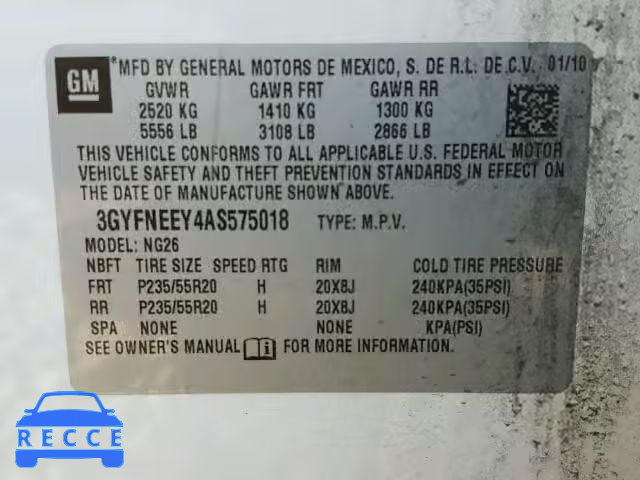 2010 CADILLAC SRX PERFOR 3GYFNEEY4AS575018 зображення 9