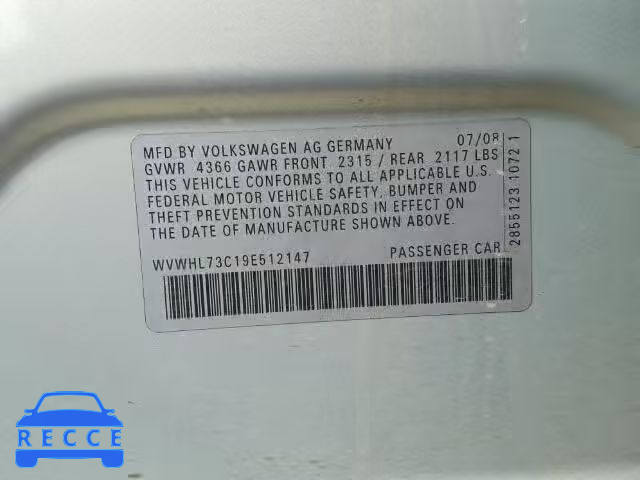 2009 VOLKSWAGEN CC LUXURY WVWHL73C19E512147 image 9