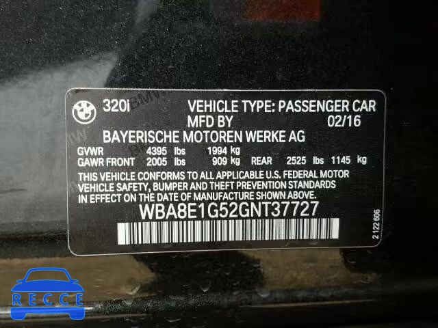 2016 BMW 320I WBA8E1G52GNT37727 зображення 9