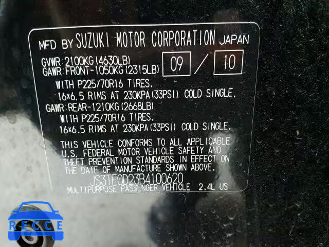 2011 SUZUKI GRAND VITA JS3TE0D23B4100620 image 9