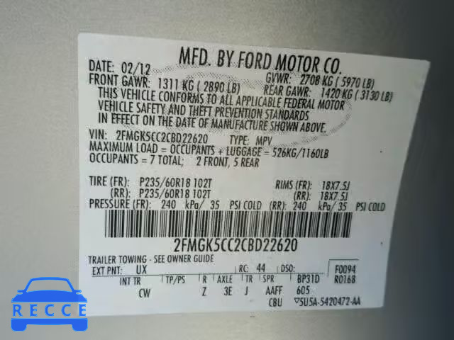 2012 FORD FLEX SEL 2FMGK5CC2CBD22620 image 9