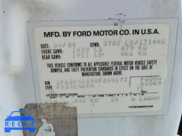 1989 FORD MUSTANG LX 1FABP41A9KF249177 image 9