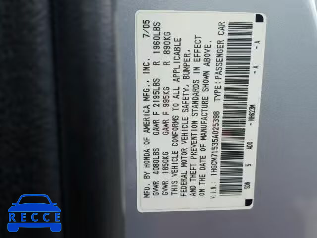 2005 HONDA ACCORD SE 1HGCM71535A025398 image 9