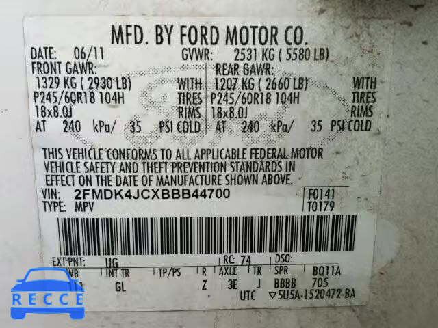 2011 FORD EDGE SEL A 2FMDK4JCXBBB44700 зображення 9