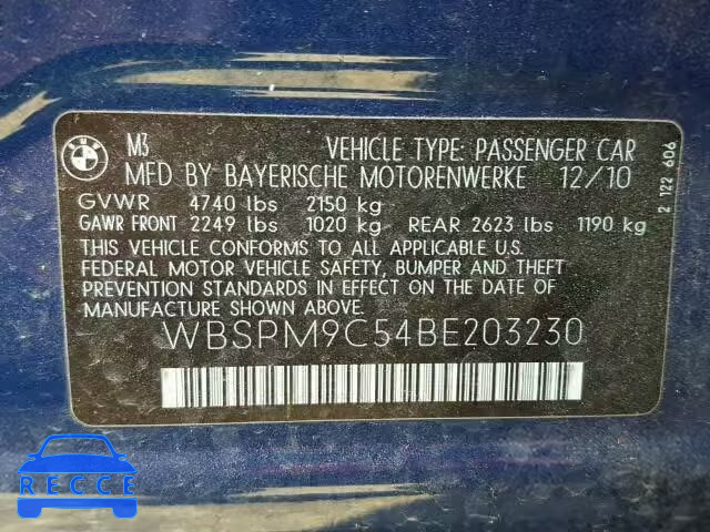 2011 BMW M3 WBSPM9C54BE203230 зображення 9