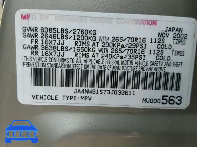 2003 MITSUBISHI MONTERO XL JA4NW31S73J033611 Bild 9