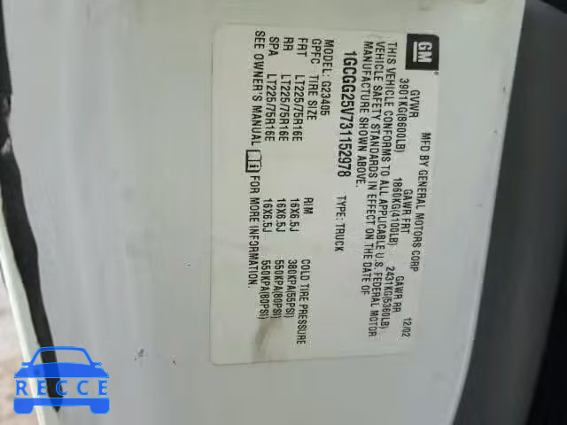 2003 CHEVROLET EXPRESS G2 1GCGG25V731152978 image 9
