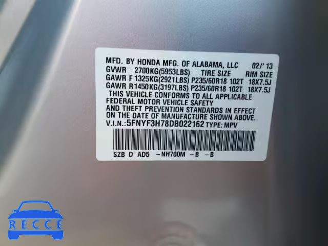 2013 HONDA PILOT EXLN 5FNYF3H78DB022162 image 9