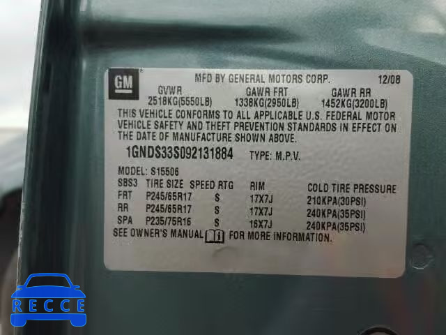 2009 CHEVROLET TRAILBLAZE 1GNDS33S092131884 image 9