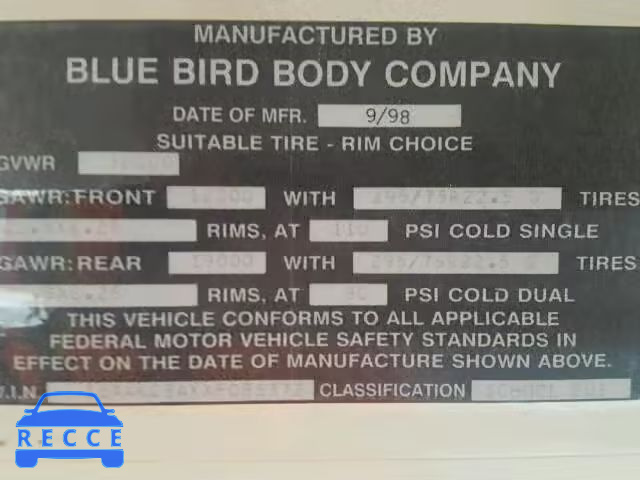 1999 BLUE BIRD SCHOOL/TRA 1BAAKCSAXXF085372 image 9