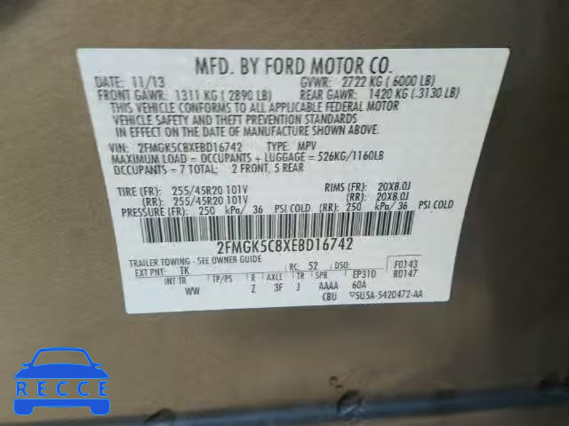 2014 FORD FLEX SEL 2FMGK5C8XEBD16742 зображення 9