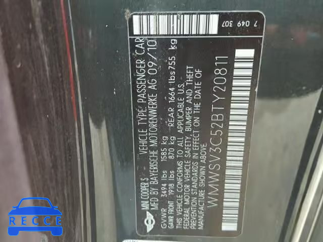 2011 MINI COOPER S WMWSV3C52BTY20811 image 9
