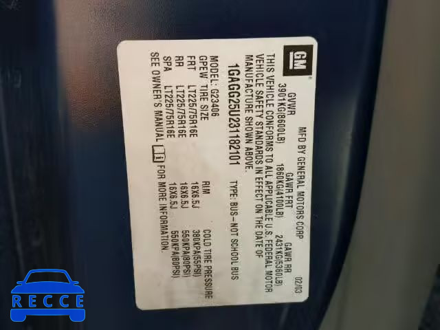 2003 CHEVROLET EXPRESS G2 1GAGG25U231182101 image 9