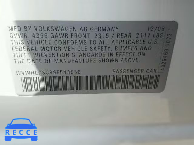 2009 VOLKSWAGEN CC LUXURY WVWHL73C89E543556 image 9