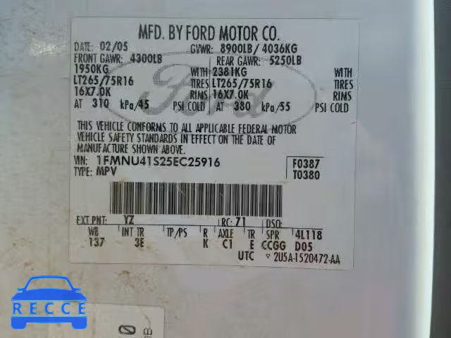 2005 FORD EXCURSION 1FMNU41S25EC25916 image 9