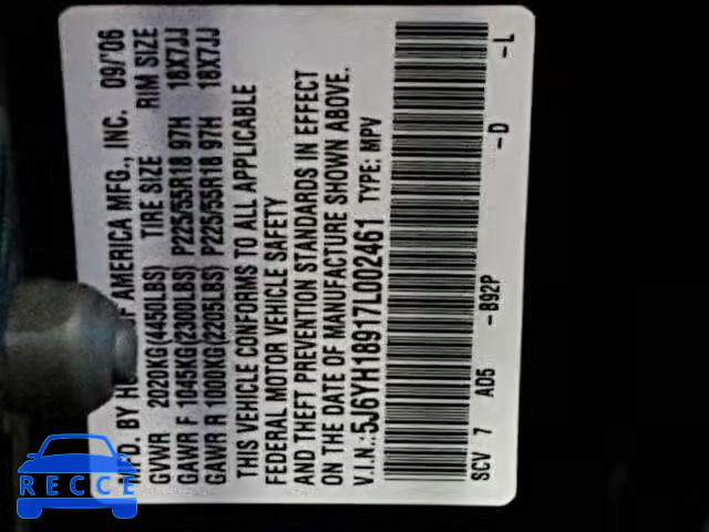 2007 HONDA ELEMENT SC 5J6YH18917L002461 зображення 9