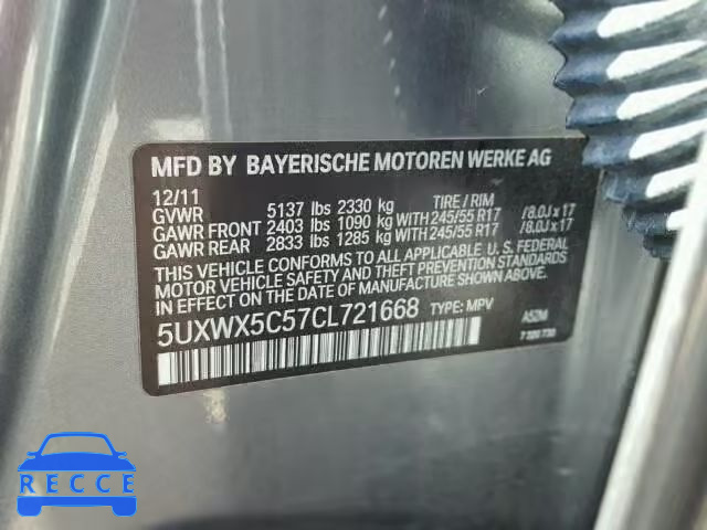 2012 BMW X3 XDRIVE2 5UXWX5C57CL721668 image 9