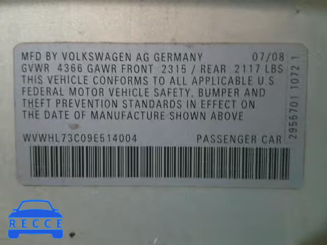 2009 VOLKSWAGEN CC LUXURY WVWHL73C09E514004 image 9
