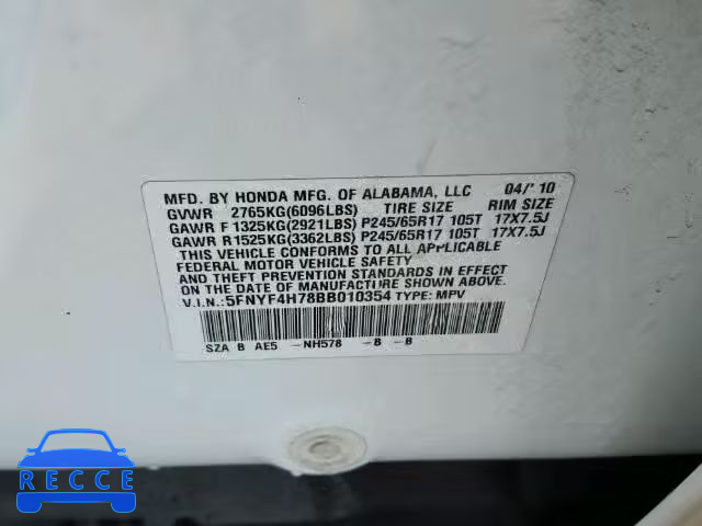 2011 HONDA PILOT EXLN 5FNYF4H78BB010354 image 9