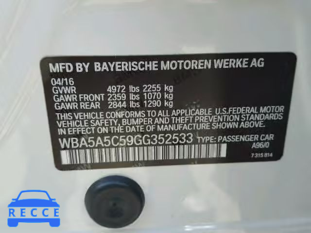 2016 BMW 528I WBA5A5C59GG352533 image 9