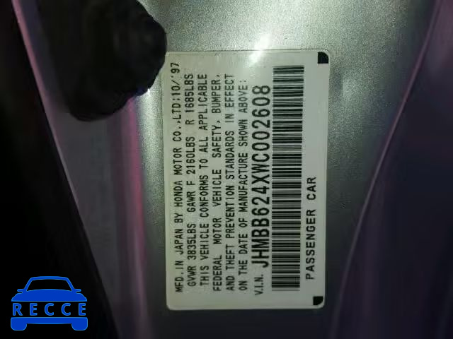 1998 HONDA PRELUDE JHMBB624XWC002608 image 9