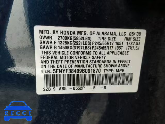 2009 HONDA PILOT EX 5FNYF38409B001870 image 9