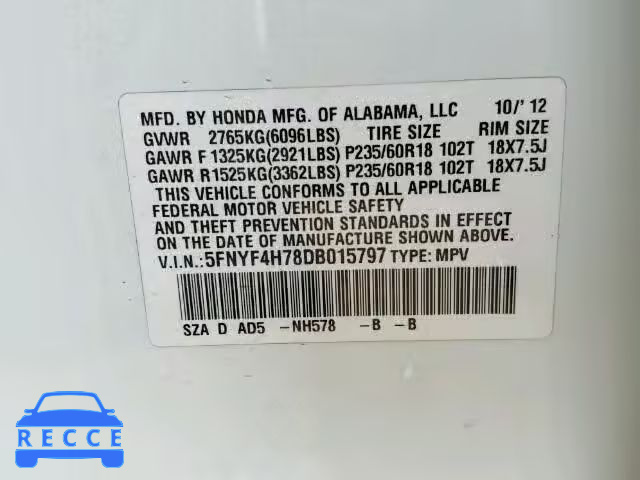 2013 HONDA PILOT EXLN 5FNYF4H78DB015797 image 9