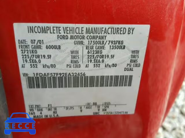 2002 FORD F550 SUPER 1FDAF57F92EA32456 image 9