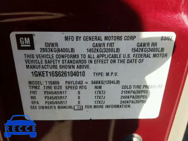 2002 GMC ENVOY XL 1GKET16S626104010 image 9