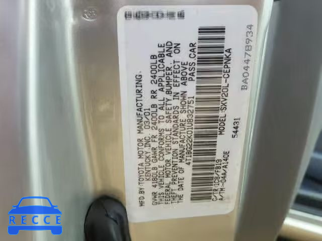 2001 TOYOTA CAMRY 4T1BG22K01U832751 image 9
