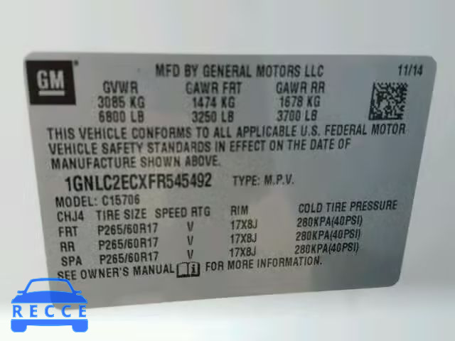 2015 CHEVROLET TAHOE C150 1GNLC2ECXFR545492 image 9