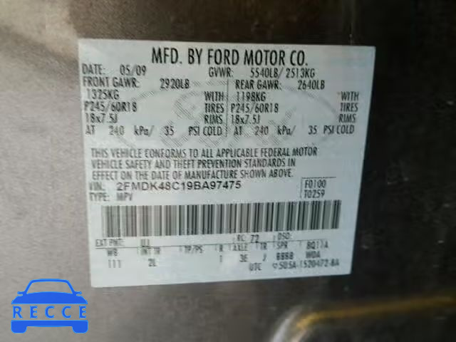 2009 FORD EDGE SEL A 2FMDK48C19BA97475 image 9