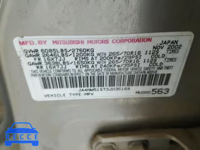 2003 MITSUBISHI MONTERO LI JA4NW51S73J036164 Bild 9