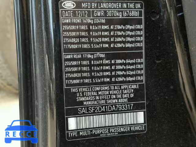 2013 LAND ROVER RANGE ROVE SALSF2D41DA793317 зображення 9